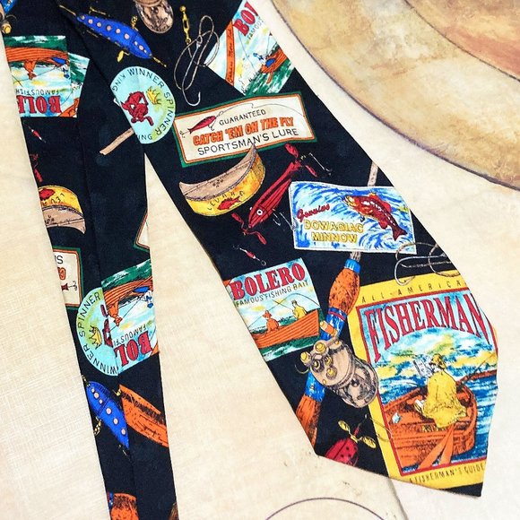 MEN'S ROSETTI NECK TIE FISHERMAN THEME 100% SILK MENS ACCESSORY FISHING FISH - Picture 1 of 6